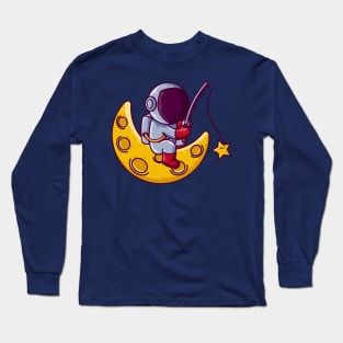 Cute Astronaut Fishing on Moon Cartoon Long Sleeve T-Shirt